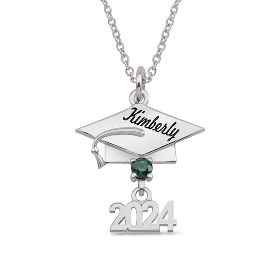 Gemstone Engravable 2022 Graduation Cap Pendant (1 Stone and Line)