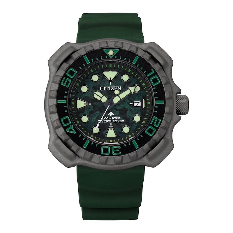 Men's Citizen Eco-Drive® Promaster Diver Gunmetal Grey Super Titanium™ Strap Watch with Green Dial (Model: BN0228-06W)
