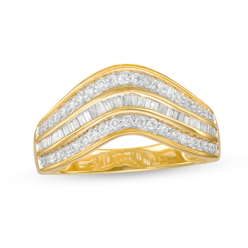 0.45 CT. T.W. Baguette and Round Diamond Contour Triple Row Anniversary Band in 10K Gold