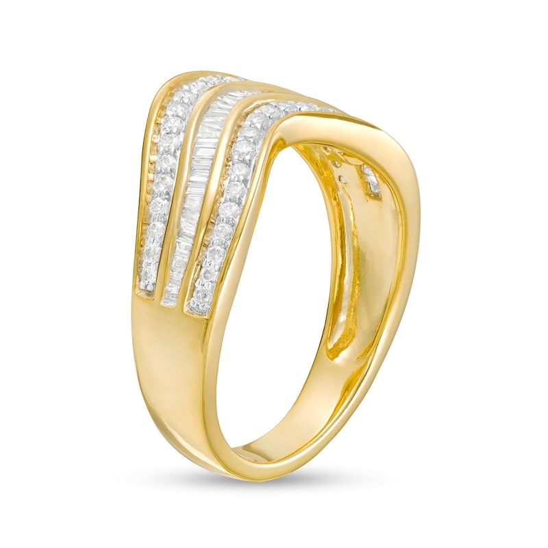 0.45 CT. T.W. Baguette and Round Diamond Contour Triple Row Anniversary Band in 10K Gold