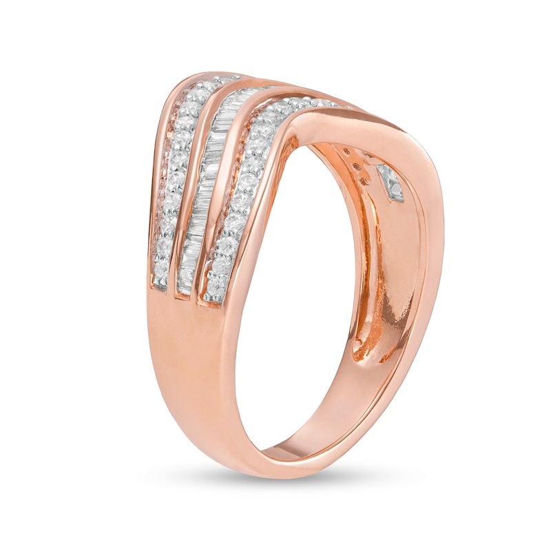 0.45 CT. T.W. Baguette and Round Diamond Contour Triple Row Anniversary Band in 10K Rose Gold