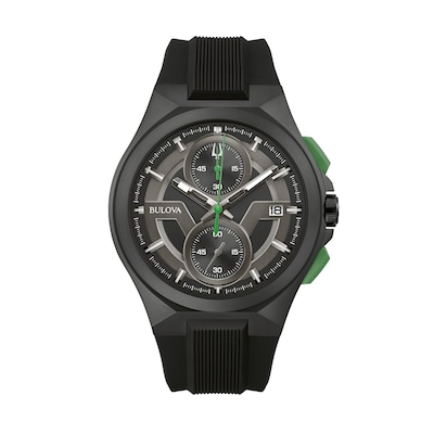 Men's Bulova Maquina Black IP Chronograph Black Silicone Strap Watch with Black Dial (Model: 98B381)