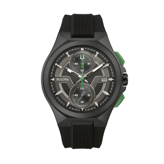 Men's Bulova Maquina Black IP Chronograph Black Silicone Strap Watch with Black Dial (Model: 98B381)