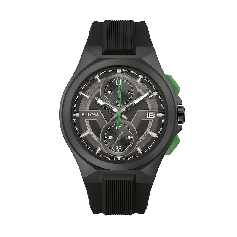 Men's Bulova Maquina Black IP Chronograph Black Silicone Strap Watch with Black Dial (Model: 98B381)|Peoples Jewellers