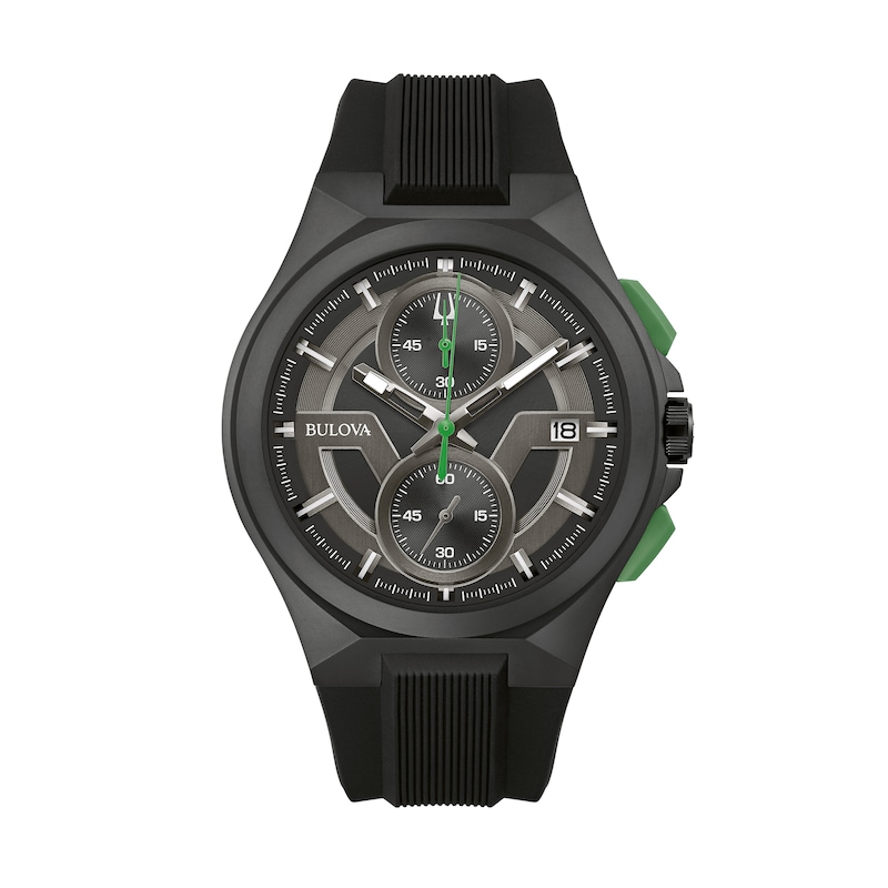 Main Image 1 of Men's Bulova Maquina Black IP Chronograph Black Silicone Strap Watch with Black Dial (Model: 98B381)