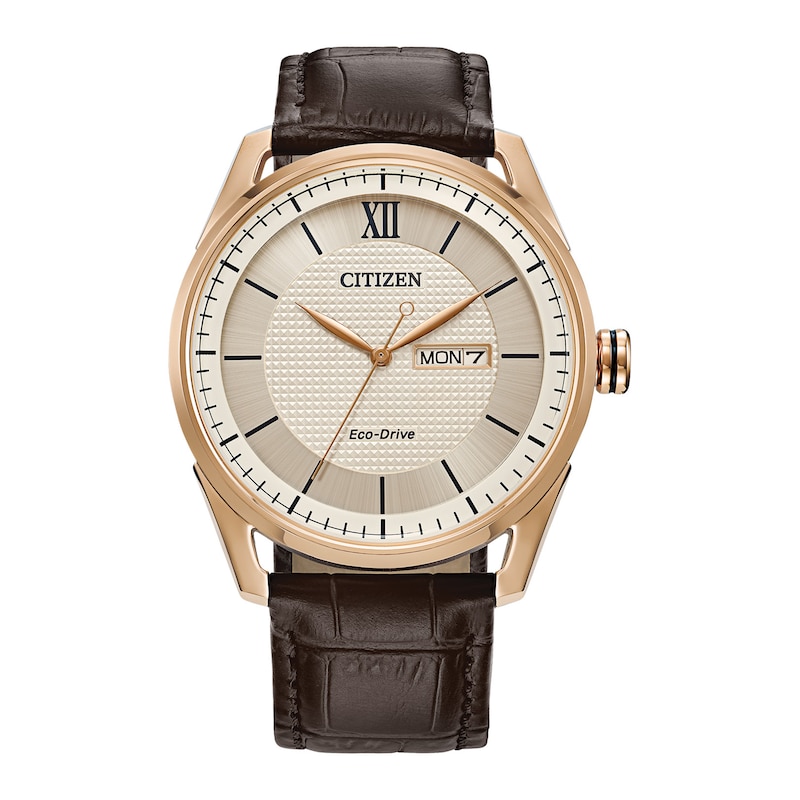 Men's Citizen Eco-Drive® Classic Rose-Tone Leather Strap Watch with Ivory Dial (Model: AW0082-01A)|Peoples Jewellers