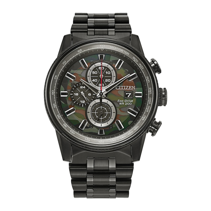 Men's Citizen Eco-Drive® Promaster Nighthawk Black IP Chronograph Watch with Green Camouflage Dial (Model CA0805-53X)