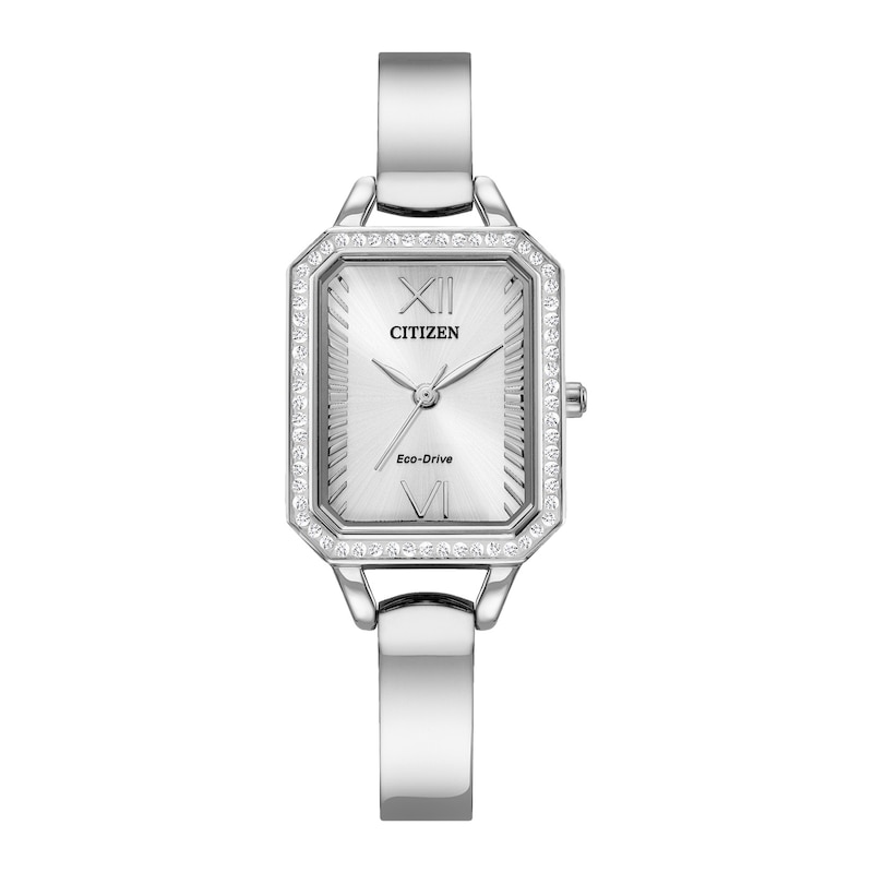 Ladies' Citizen Eco-Drive® Silhouette Crystal Accent Bangle Watch with Rectangular Silver-Tone Dial (Model: EM0980-50A)|Peoples Jewellers