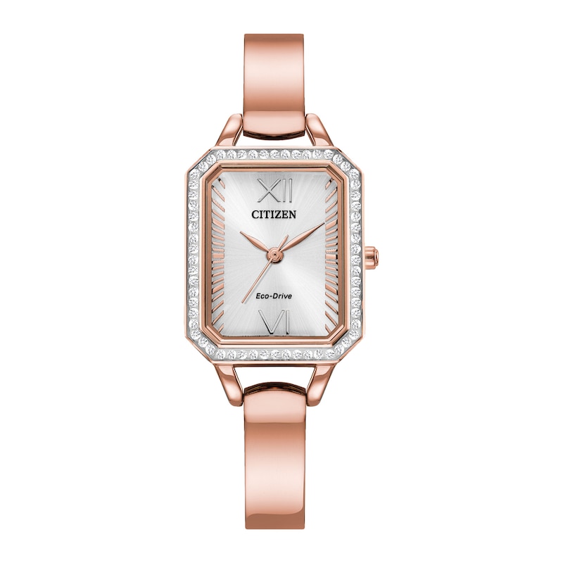 Ladies' Citizen Eco-Drive® Silhouette Crystal Rose-Tone Bangle Watch with Rectangle Silver-Tone Dial (Model: EM0983-51A)|Peoples Jewellers