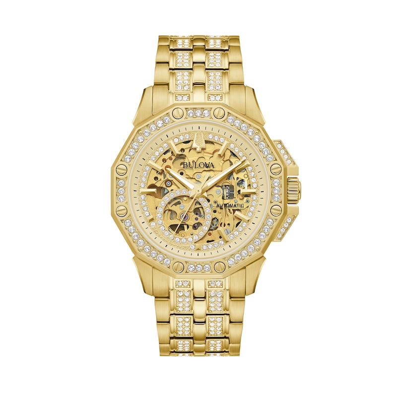Men's Bulova Octava Crystal Accent Gold-Tone Automatic Watch with Gold-Tone Skeleton Dial (Model: 98A292)|Peoples Jewellers