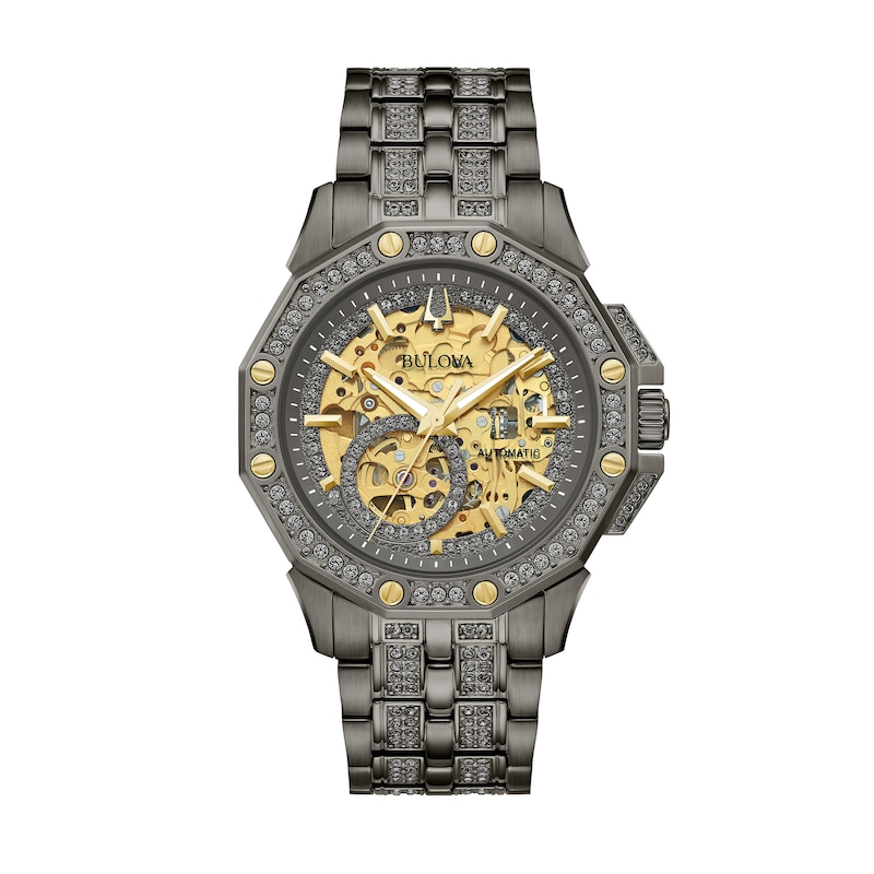 Main Image 1 of Men's Bulova Octava Crystal Accent Gunmetal Grey IP Automatic Watch with Gunmetal Grey Skeleton Dial (Model: 98A293)