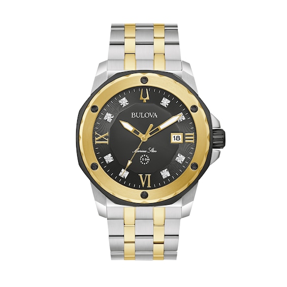 Men's Bulova Marine Star Diamond Accent Tri-Tone Watch with Black Dial (Model: 98D175)