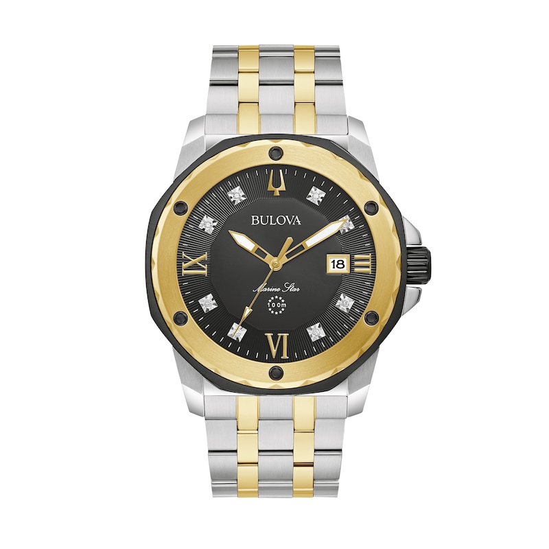 Men's Bulova Marine Star Diamond Accent Tri-Tone Watch with Black Dial (Model: 98D175)|Peoples Jewellers