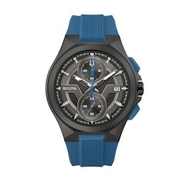 Men's Bulova Maquina Black IP Chronograph Blue Silicone Strap Watch with Black Dial (Model: 98B380)