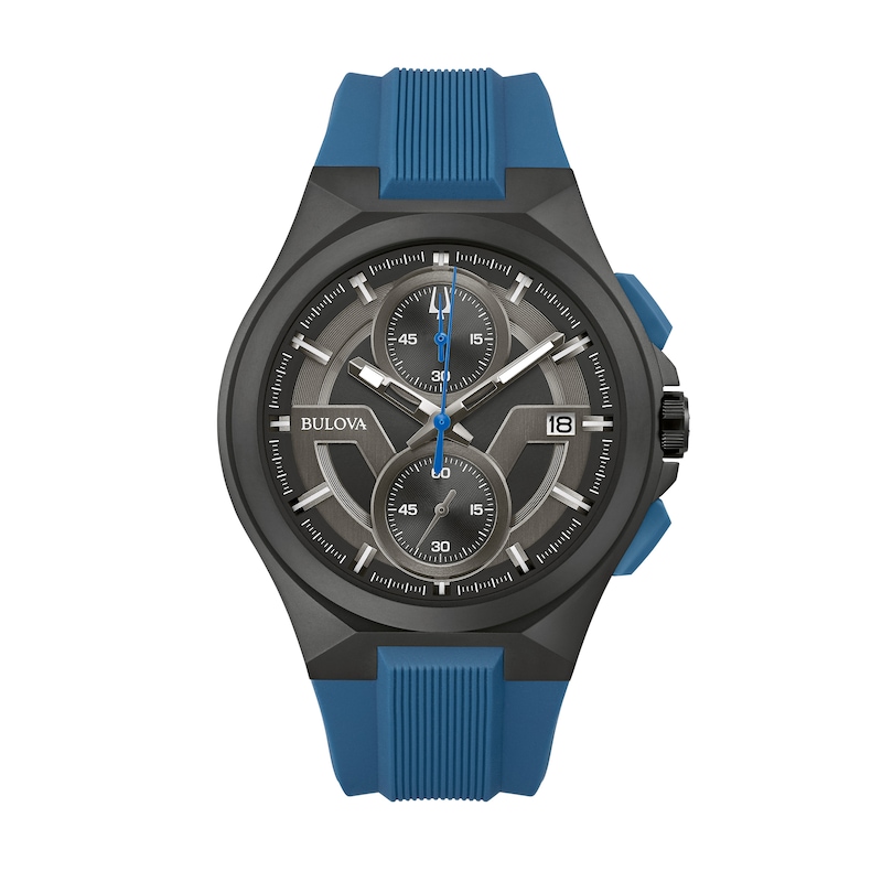 Men's Bulova Maquina Black IP Chronograph Blue Silicone Strap Watch with Black Dial (Model: 98B380)|Peoples Jewellers