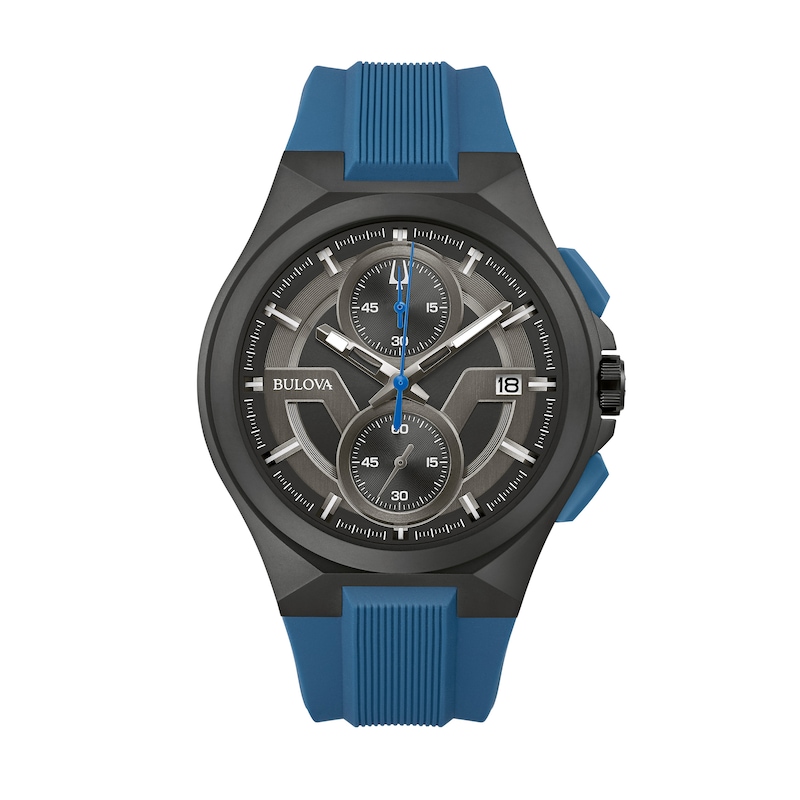 Main Image 1 of Men's Bulova Maquina Black IP Chronograph Blue Silicone Strap Watch with Black Dial (Model: 98B380)