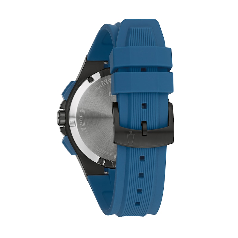 Main Image 3 of Men's Bulova Maquina Black IP Chronograph Blue Silicone Strap Watch with Black Dial (Model: 98B380)