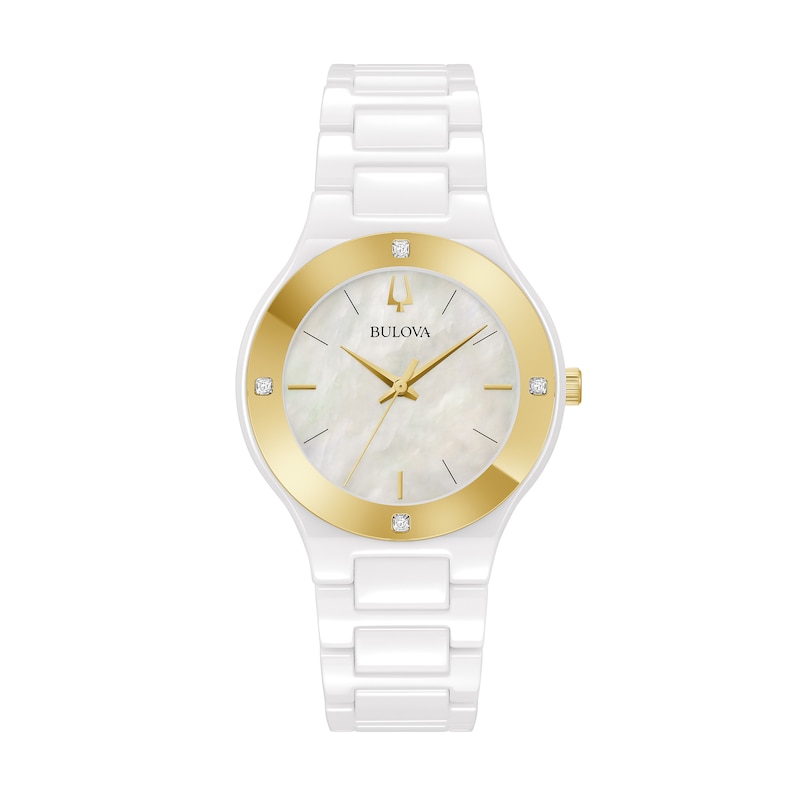 Ladies' Bulova Millenia Diamond Accent Gold-Tone and White Ceramic Watch with Mother-of-Pearl Dial (Model: 98R292)|Peoples Jewellers