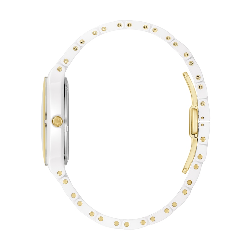 Ladies' Bulova Millenia Diamond Accent Gold-Tone and White Ceramic Watch with Mother-of-Pearl Dial (Model: 98R292)
