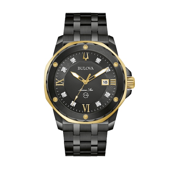 Men's Bulova Marine Star Diamond Accent Two-Tone IP Watch with Black Dial (Model: 98D176)
