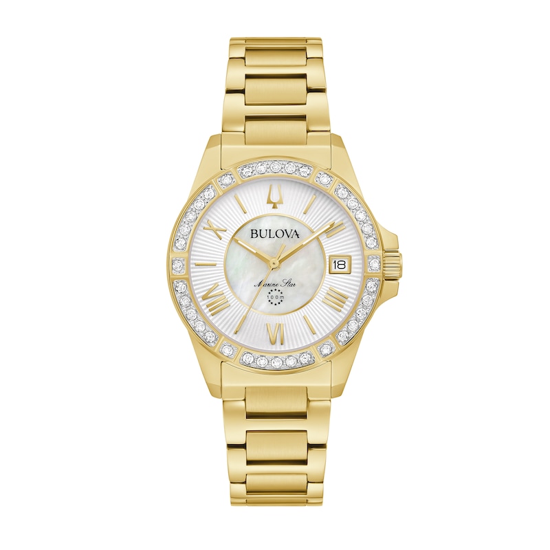 Ladies' Bulova Marine Star 0.10 CT. T.W. Diamond Gold-Tone Watch with Mother-of-Pearl Dial (Model: 98R294)
