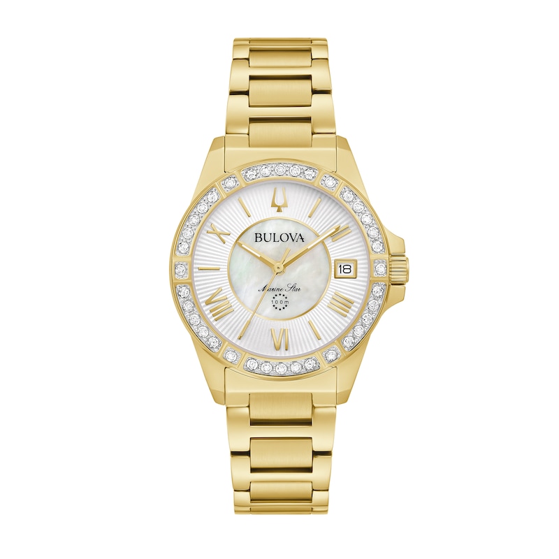 Ladies' Bulova Marine Star 0.10 CT. T.W. Diamond Gold-Tone Watch with Mother-of-Pearl Dial (Model: 98R294)