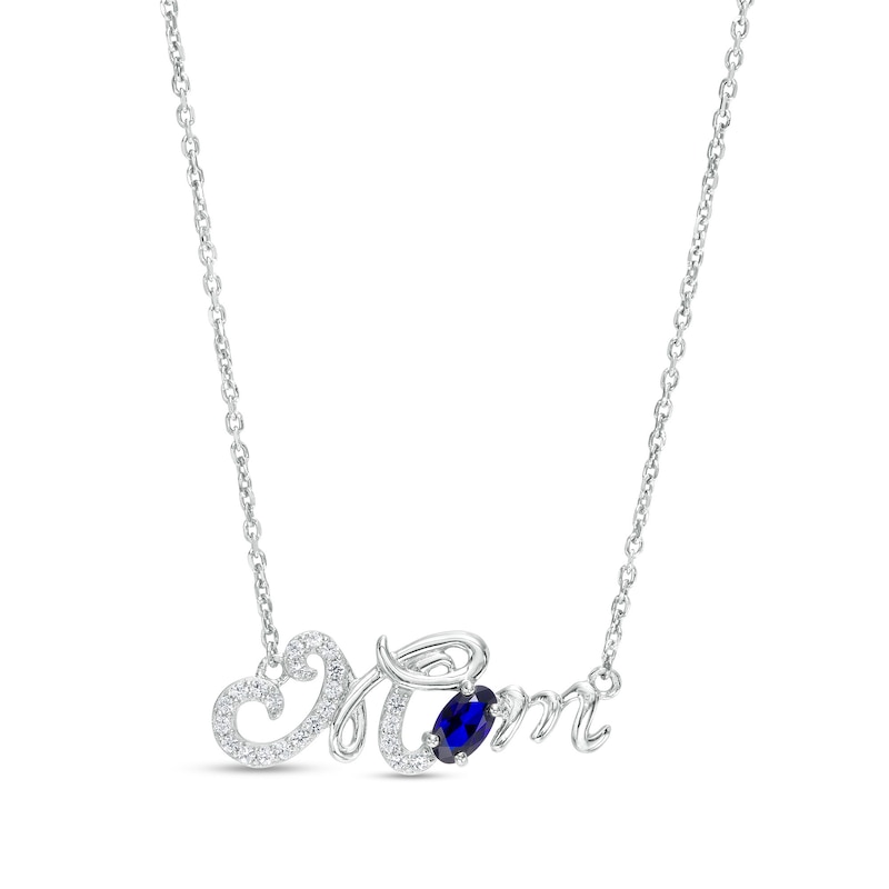 Oval Blue and White Lab-Created Sapphire Cursive "Mom" Necklace in Sterling Silver - 18.75"|Peoples Jewellers