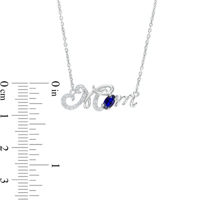 Oval Blue and White Lab-Created Sapphire Cursive "Mom" Necklace in Sterling Silver - 18.75"