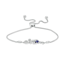 Oval Blue and White Lab-Created Sapphire Cursive &quot;Mom&quot; Bolo Bracelet in Sterling Silver – 9.25&quot;