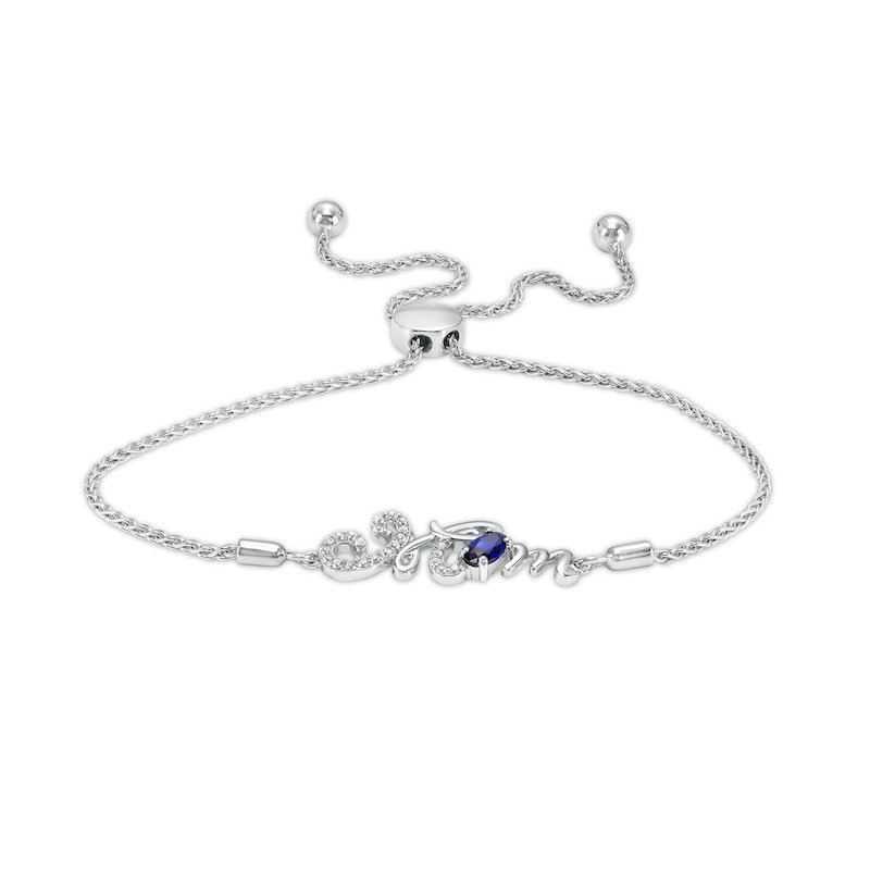 Oval Blue and White Lab-Created Sapphire Cursive "Mom" Bolo Bracelet in Sterling Silver – 9.25"