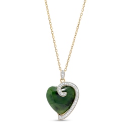 16.0mm Heart-Shaped Jade and 0.17 CT. T.W. Diamond Curl Overlay Pendant in 14K Gold