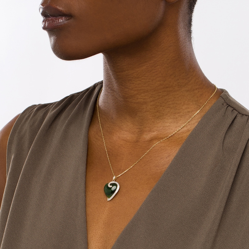Main Image 2 of 16.0mm Heart-Shaped Jade and 0.17 CT. T.W. Diamond Curl Overlay Pendant in 14K Gold