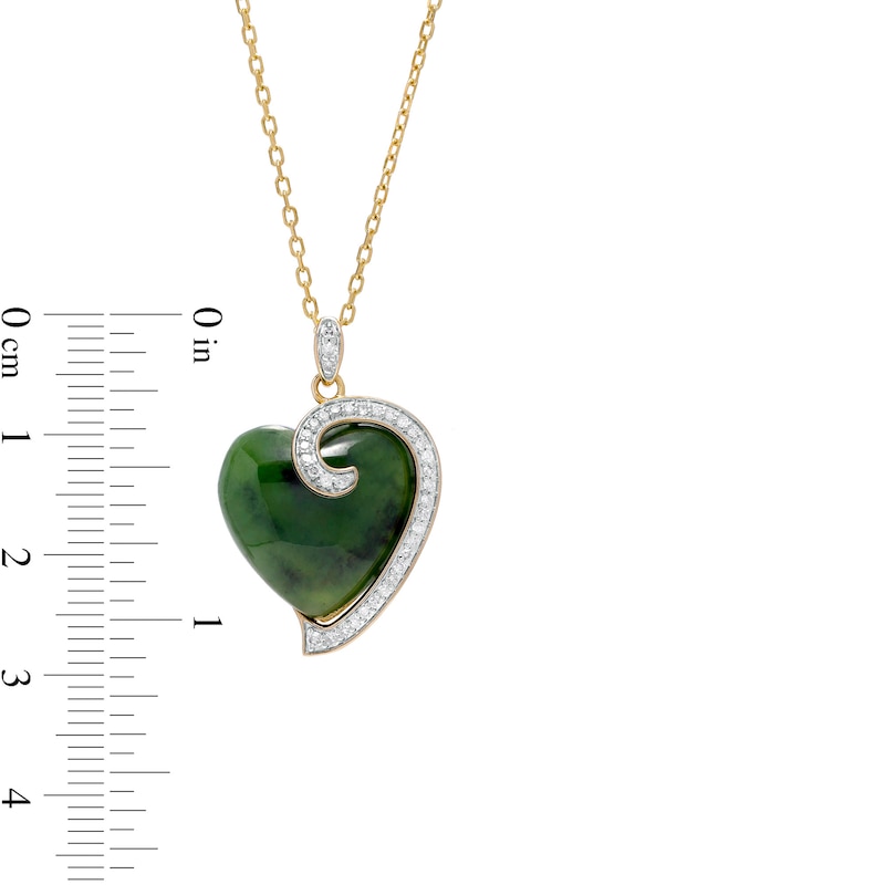 Main Image 3 of 16.0mm Heart-Shaped Jade and 0.17 CT. T.W. Diamond Curl Overlay Pendant in 14K Gold