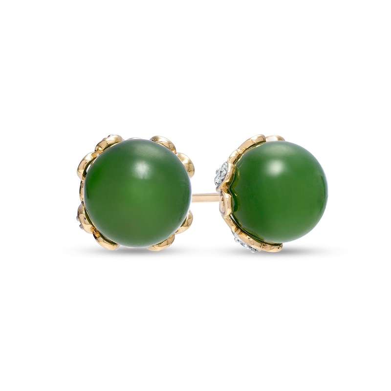 Main Image 1 of 8.0mm Jade and 0.11 CT. T.W. Diamond Flower Cap Stud Earrings in 14K Gold