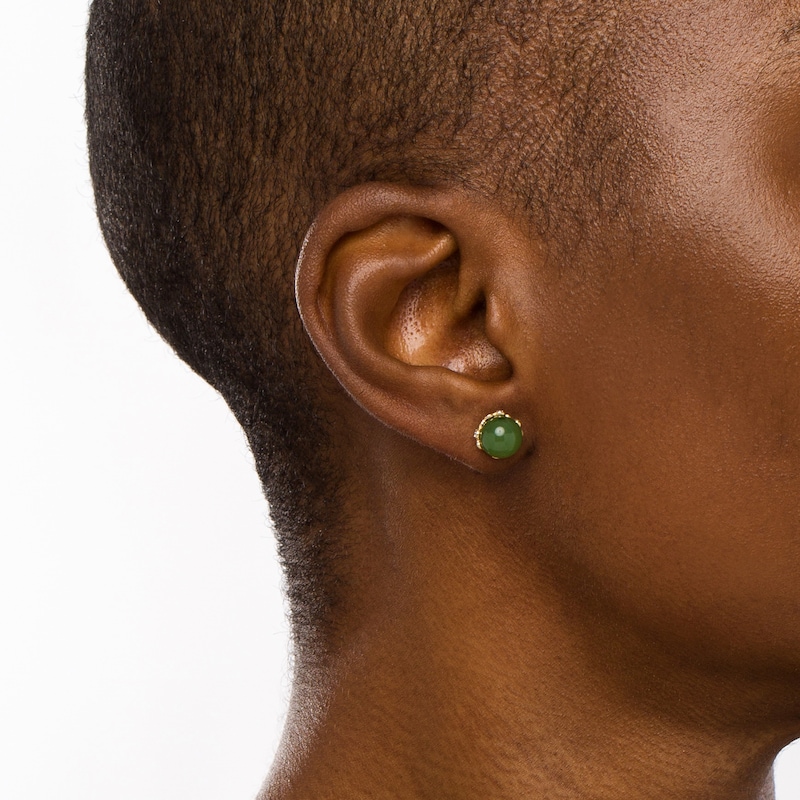 Main Image 2 of 8.0mm Jade and 0.11 CT. T.W. Diamond Flower Cap Stud Earrings in 14K Gold