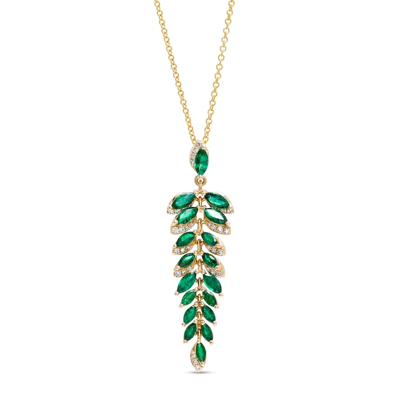 EFFY™ Collection Marquise-Cut Emerald and 0.13 CT. T.W. Diamond Graduated Leaf Vine Linear Drop Pendant in 14K Gold|Peoples Jewellers