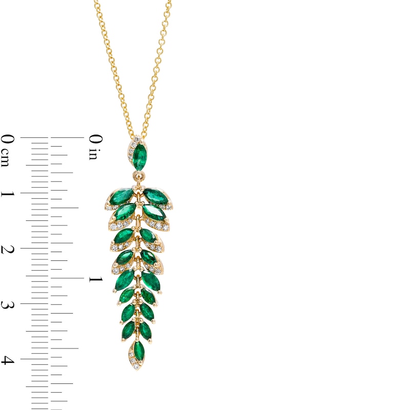 EFFY™ Collection Marquise-Cut Emerald and 0.13 CT. T.W. Diamond Graduated Leaf Vine Linear Drop Pendant in 14K Gold
