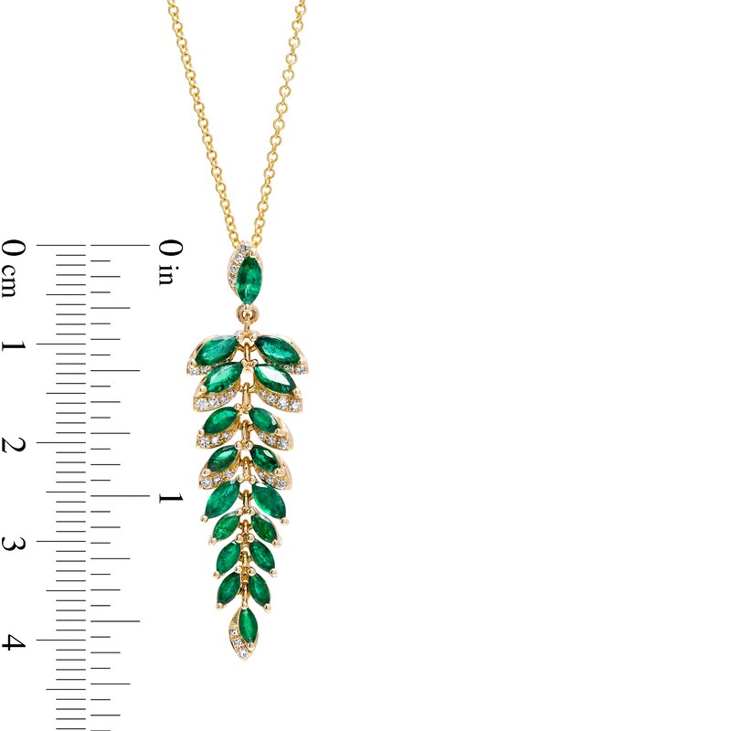 EFFY™ Collection Marquise-Cut Emerald and 0.13 CT. T.W. Diamond Graduated Leaf Vine Linear Drop Pendant in 14K Gold