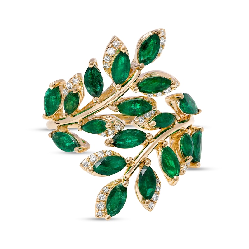EFFY™ Collection Marquise-Cut Emerald and 0.13 CT. T.W. Diamond Leaf Vine Bypass Wrap Ring in 14K Gold
