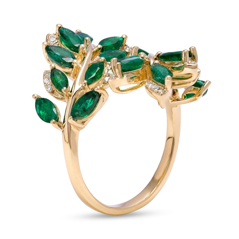 Main Image 3 of EFFY™ Collection Marquise-Cut Emerald and 0.13 CT. T.W. Diamond Leaf Vine Bypass Wrap Ring in 14K Gold