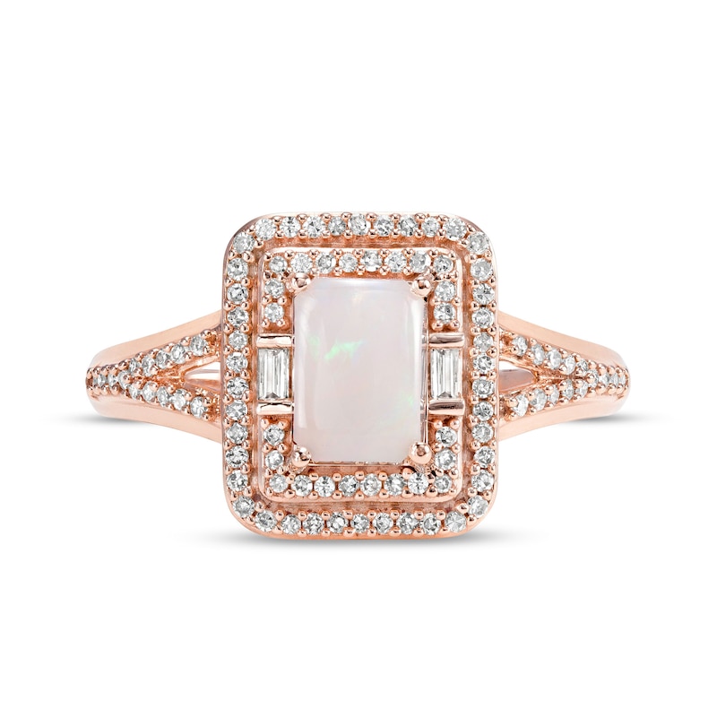 Emerald-Cut Opal and 0.23 CT. T.W. Diamond Double Frame Split Shank Ring in 10K Rose Gold