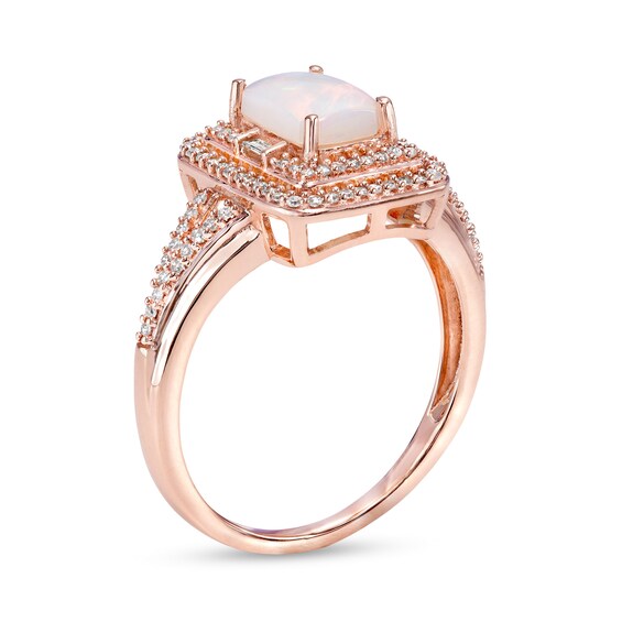 Emerald-Cut Opal and 0.23 CT. T.W. Diamond Double Frame Split Shank Ring in 10K Rose Gold