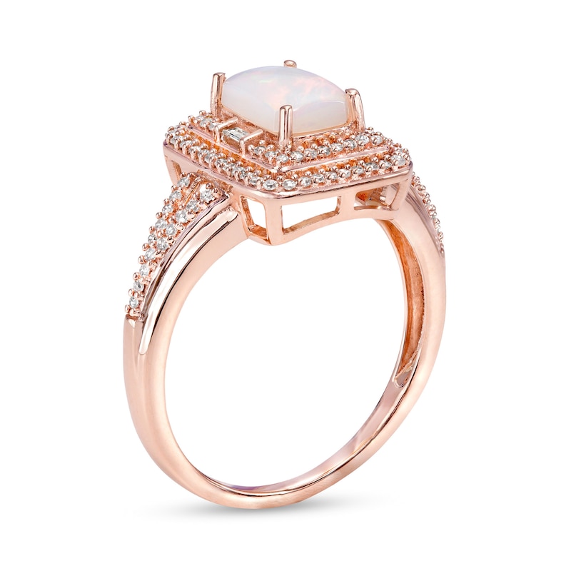 Emerald-Cut Opal and 0.23 CT. T.W. Diamond Double Frame Split Shank Ring in 10K Rose Gold