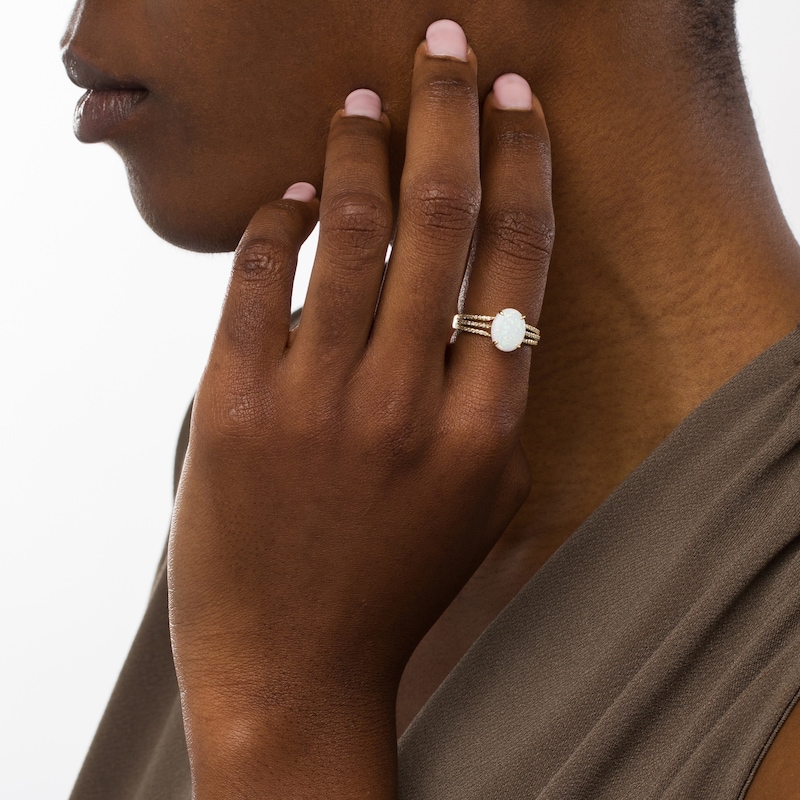 Main Image 2 of Oval Lab-Created Opal and 0.145 CT. T.W. Diamond Triple Row Split Shank Ring in 10K Gold