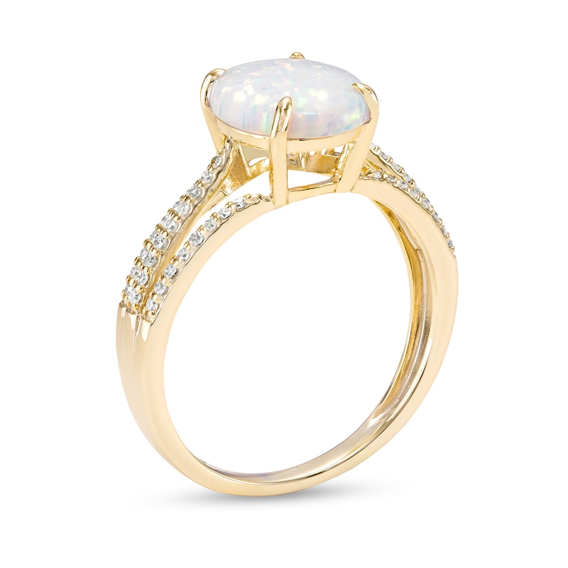 Main Image 3 of Oval Lab-Created Opal and 0.145 CT. T.W. Diamond Triple Row Split Shank Ring in 10K Gold