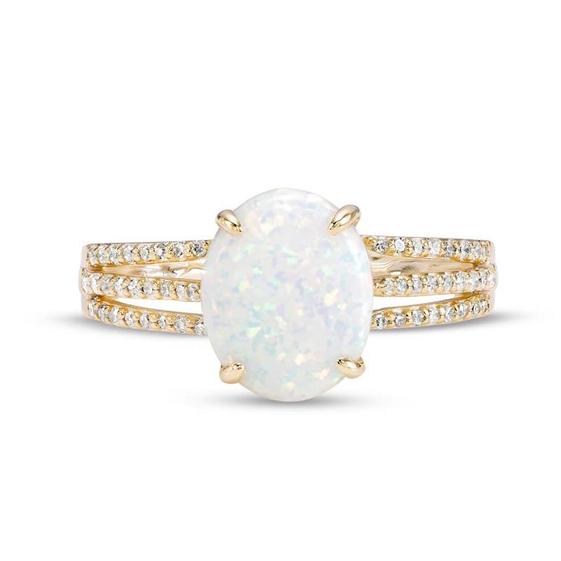 Main Image 4 of Oval Lab-Created Opal and 0.145 CT. T.W. Diamond Triple Row Split Shank Ring in 10K Gold
