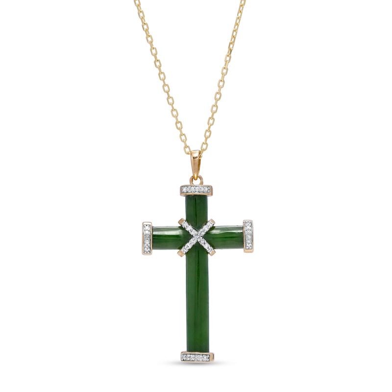 Main Image 1 of Jade and 0.11 CT. T.W. Diamond Cross Pendant in 14K Gold