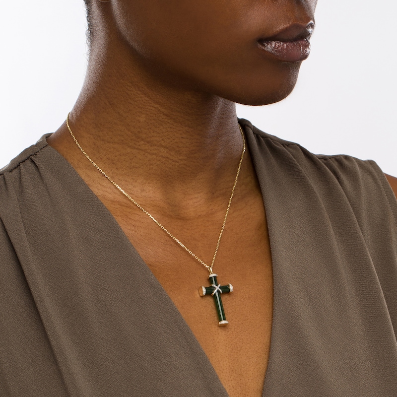 Main Image 2 of Jade and 0.11 CT. T.W. Diamond Cross Pendant in 14K Gold