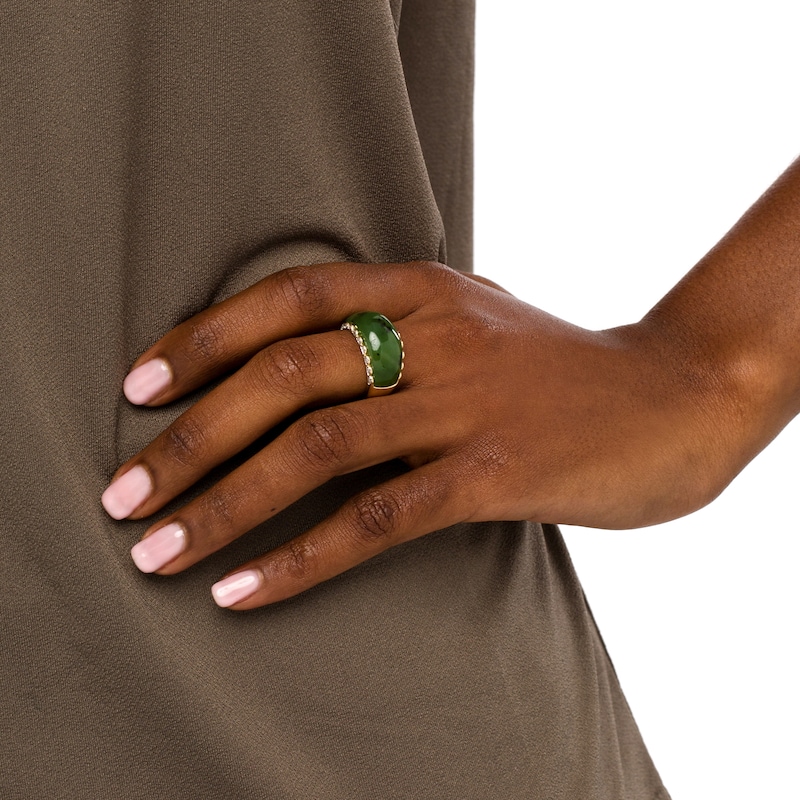 Main Image 2 of Jade and 0.085 CT. T.W. Diamond Scallop Edge Ring in 14K Gold