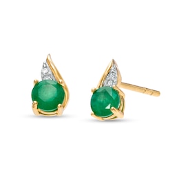 4.0mm Emerald and Diamond Accent Flame Stud Earrings in 10K Gold